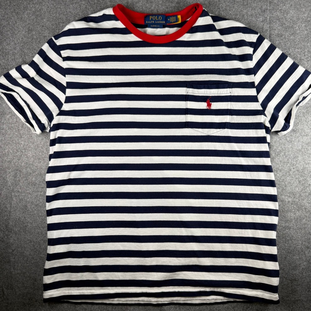 Polo Ralph Lauren Mens Classic Fit Striped Pocket T-Shirt Navy Blue White Red M